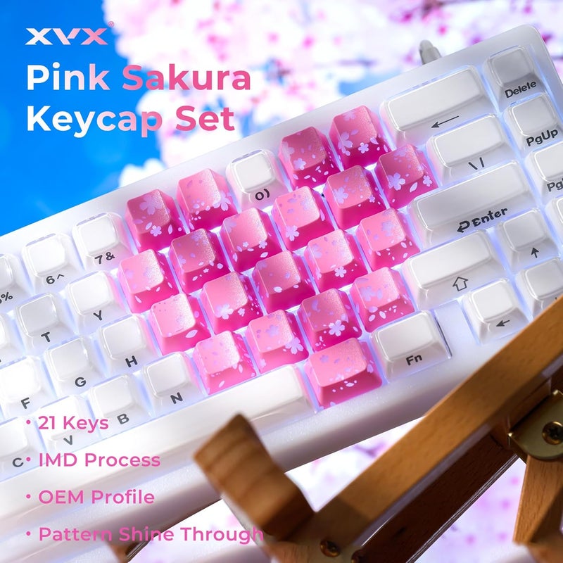 HITIME XVX Pink Sakura Cute Keycaps, Love Theme Shine Through Custom Keycaps, Blank OEM Profile IMD Translucent Keycap, for MX Switches Mechanical Keyboard, Pink(Only 21 Keys) - Image 2